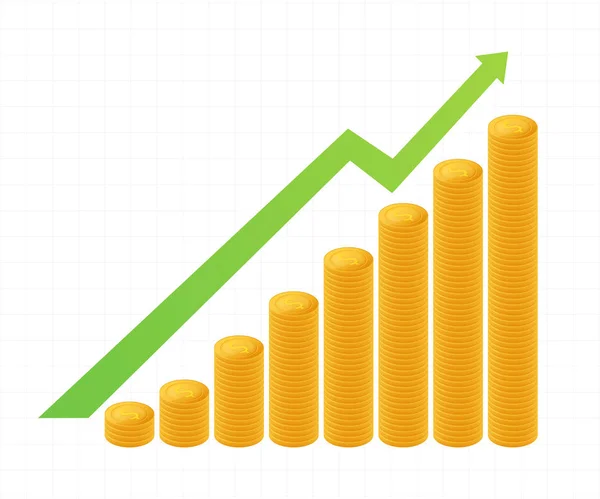 Winstgeld of budget. Cash en stijgende grafiek pijl omhoog, concept van zakelijk succes. Kapitaalwinst, uitkering. Voorraadillustratie van vectoren. — Stockvector