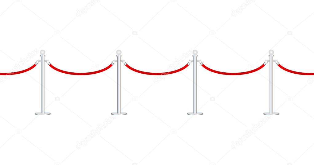 Red carpet with red ropes on golden stanchions. Exclusive event, movie premiere, gala, ceremony, awards concept. Vector illustration.