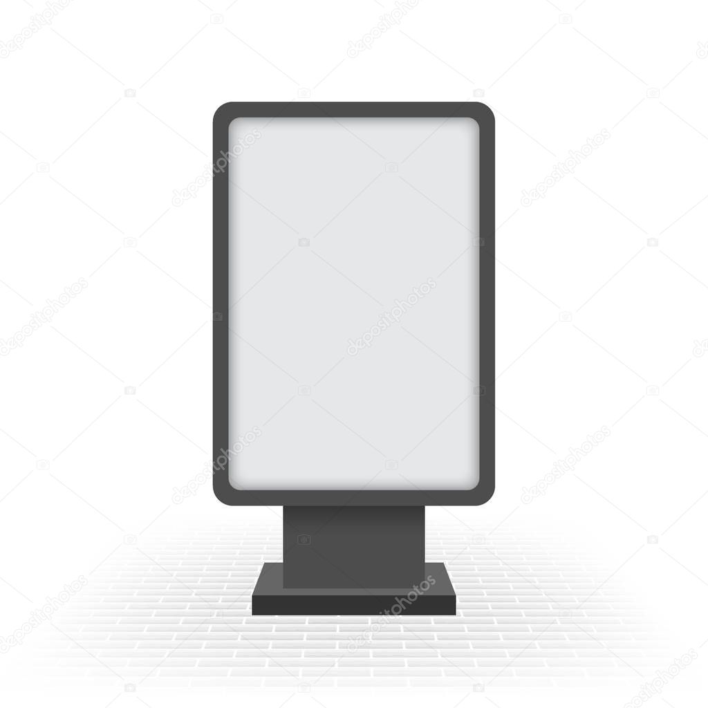 Blank interactive outdoor kiosk. Display kiosk stand, blank mockup advertising touch. Vector stock illustration.