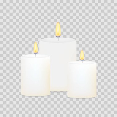 Yanan mumlar ayarlanır. Aromatik dekoratif yuvarlak silindirik mum çubukları. Vektör stok illustrtaion.