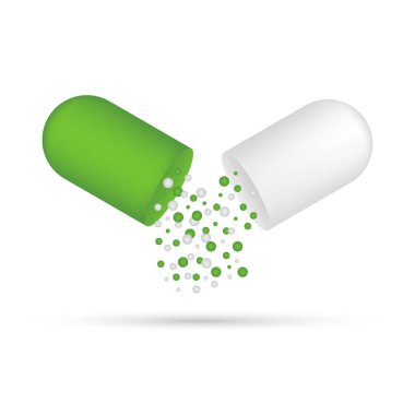 Kapsül pill. Açık bir tıbbi kapsülü dökülen küçük toplar. Hisse senedi vektör çizim.