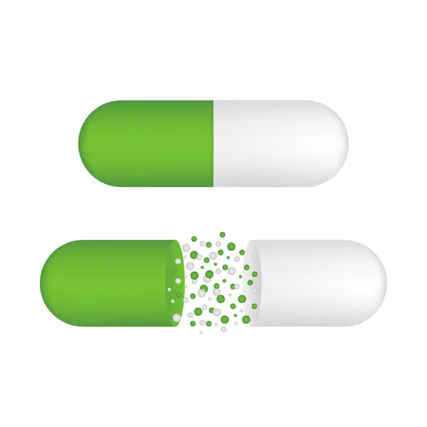 Pilule de capsule. De petites boules coulant d'une capsule médicale ouverte. Illustration vectorielle . — Image vectorielle