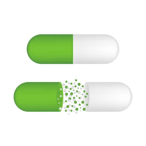 Comprimido para cápsulas. Pequenas bolas derramando de uma cápsula médica aberta. Ilustração do estoque vetorial . — Vetor de Stock