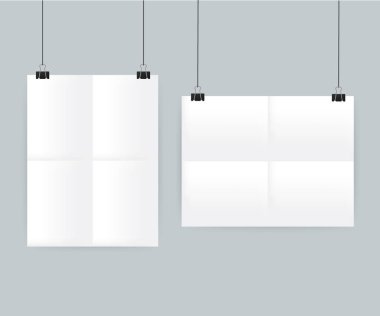 Cilt üzerinde asılı beyaz posterler. Sahte kadar boş kağıt boş gri duvar. Hisse senedi vektör çizim.