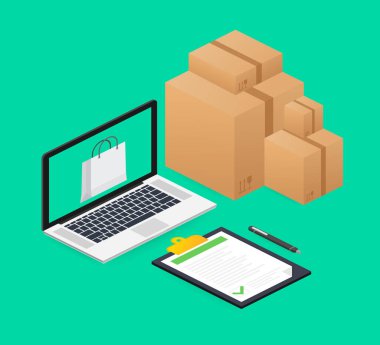 Online alışveriş ve pazarlama simgesi ile online alışveriş e-ticaret konsepti. Vektör stok illüstrasyon.