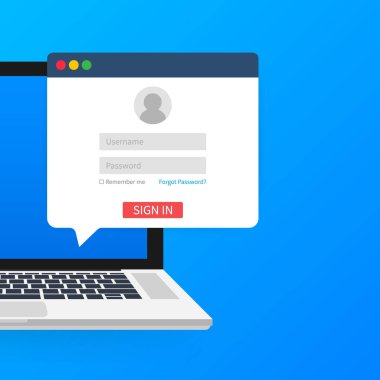 Hesap, kullanıcı yetkilendirmesi, giriş doğrulama sayfası konseptini imzalayın. Ekranda giriş ve parola sayfası olan dizüstü bilgisayar. Vektör stok illüstrasyonu.