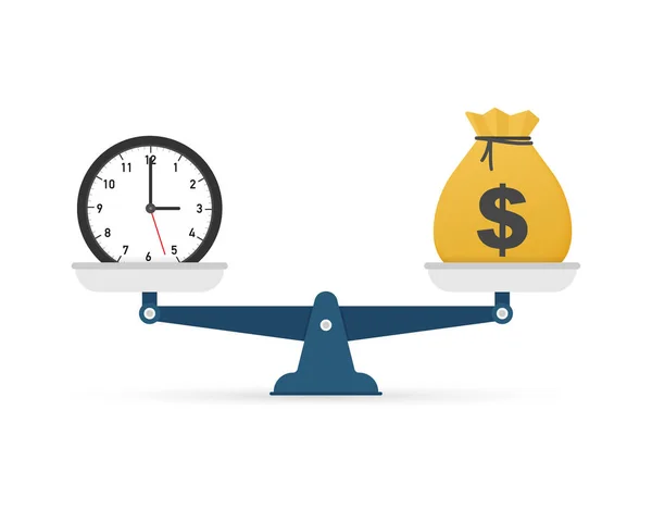 El tiempo es dinero en escala icono. Dinero y balance de tiempo a escala. Ilustración de stock vectorial. — Vector de stock