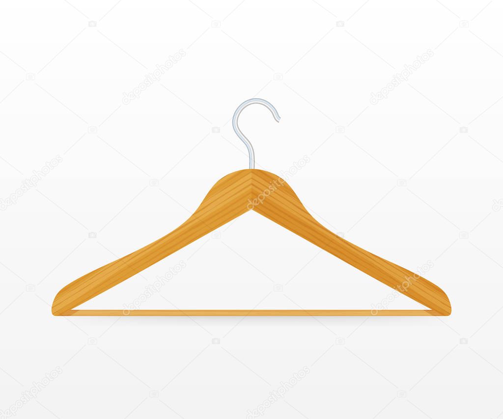 Realistic vector clothes coat wooden hanger close up isolated on white background. Vector stock illustration.