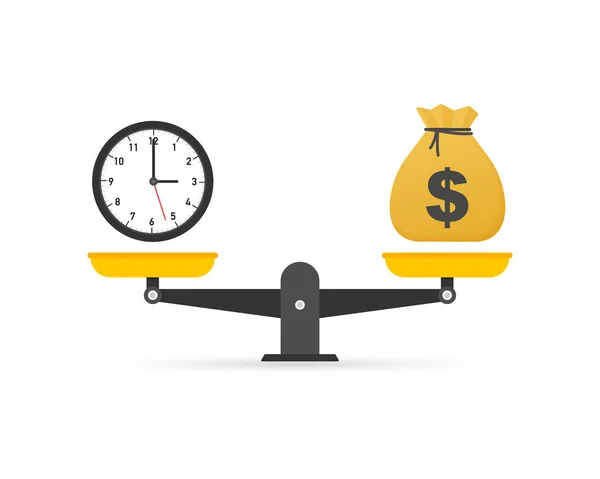 El tiempo es dinero en escala icono. Dinero y balance de tiempo a escala. Ilustración de stock vectorial. — Vector de stock