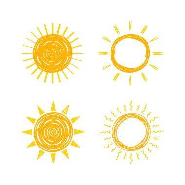 Komik vektör doodle güneşler. El çizilmiş set. Vektör stok illüstrasyon.