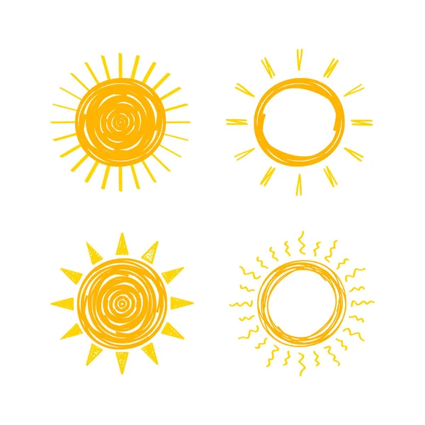 Komik vektör doodle güneşler. El çizilmiş set. Vektör stok illüstrasyon.