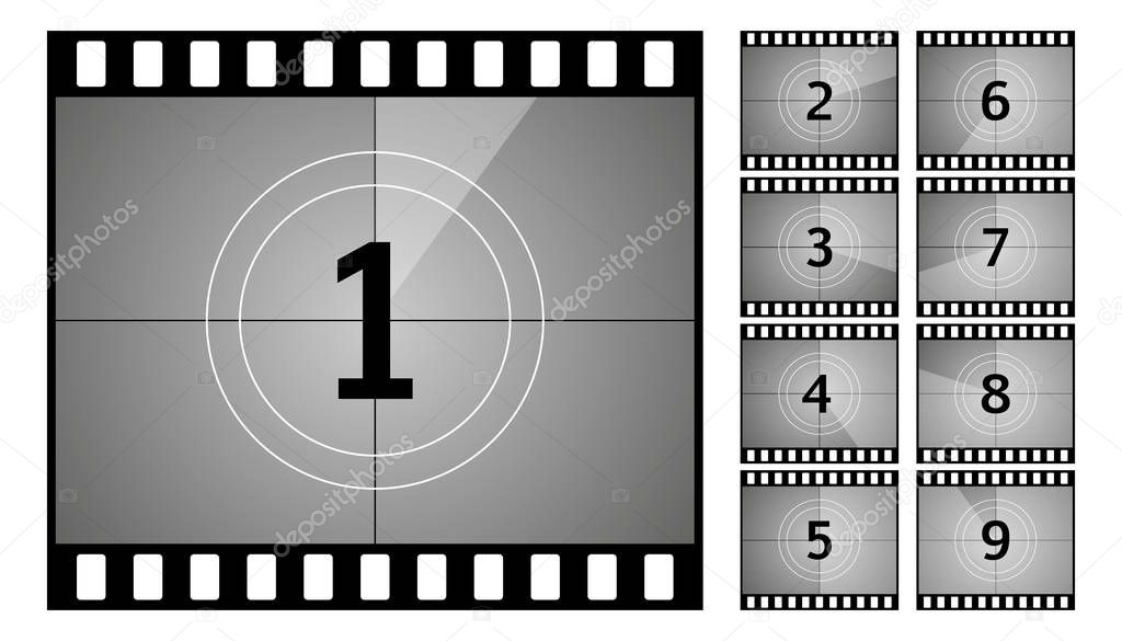 Vintage retro cinema. Countdown frame. Art design. Old film movie timer count. Vector stock illustration.