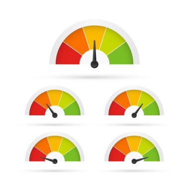 Müşteri memnuniyeti ölçer. Kırmızıdan yeşile farklı duygular. Takometre, hız göstergesi, göstergeler ve puanın soyut konsept grafik öğesi. Vektör stok illüstrasyonu.