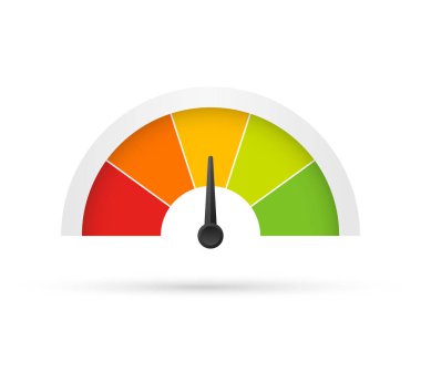 Müşteri memnuniyeti ölçer. Kırmızıdan yeşile farklı duygular. Takometre, hız göstergesi, göstergeler ve puanın soyut konsept grafik öğesi. Vektör stok illüstrasyonu.