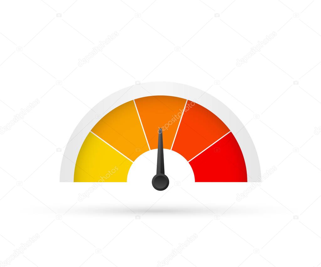 Round temperature gauge, isolated on white background. Colored measuring semicircle scale in flat style. Vector stock illustration.