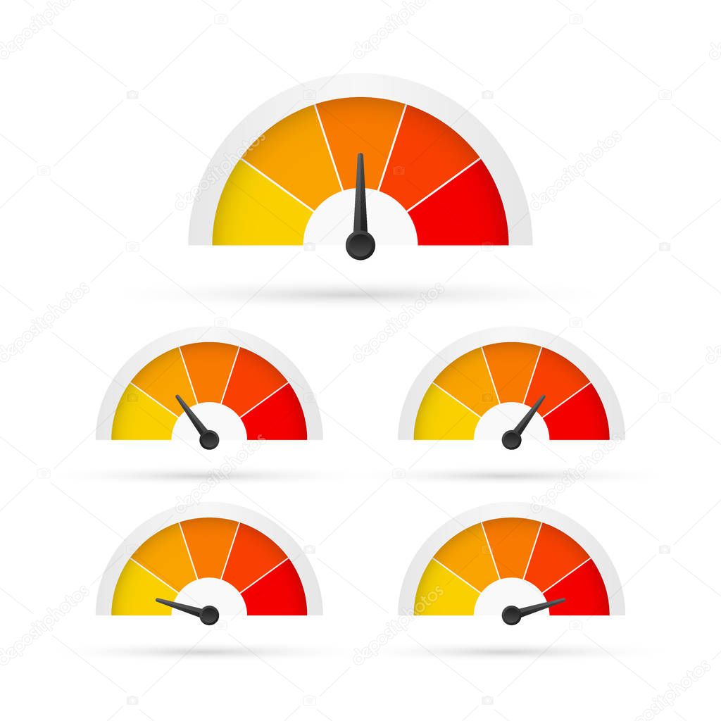 Round temperature gauge, isolated on white background. Colored measuring semicircle scale in flat style. Vector stock illustration.