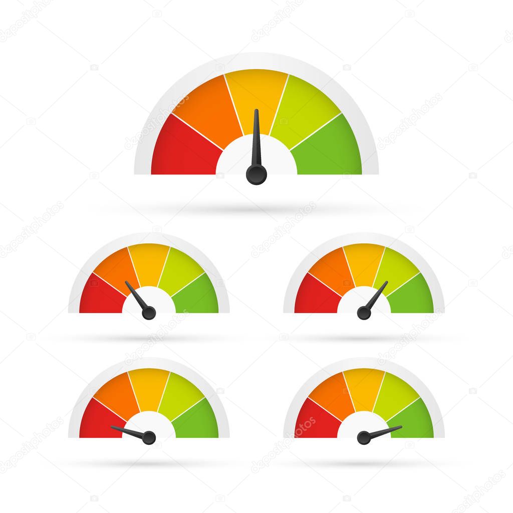 Rating customer satisfaction meter. Different emotions art design from red to green. Abstract concept graphic element of tachometer, speedometer, indicators, score. Vector stock illustration.