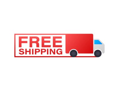 Ücretsiz nakliye konsepti. Karton ambalaj taşıyan teslimat kamyonu. Vektör stok illüstrasyon.