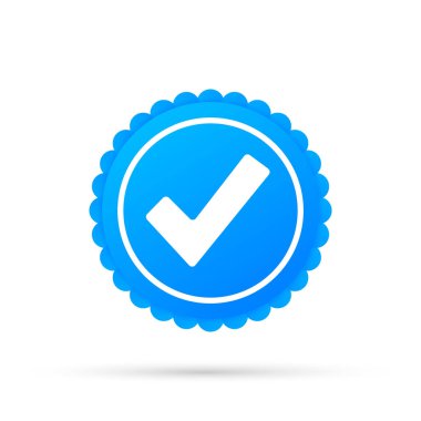 Checkmark. Beyaz arka plan üzerinde mavi onaylı yıldız etiketi. Vektör stok illüstrasyon.