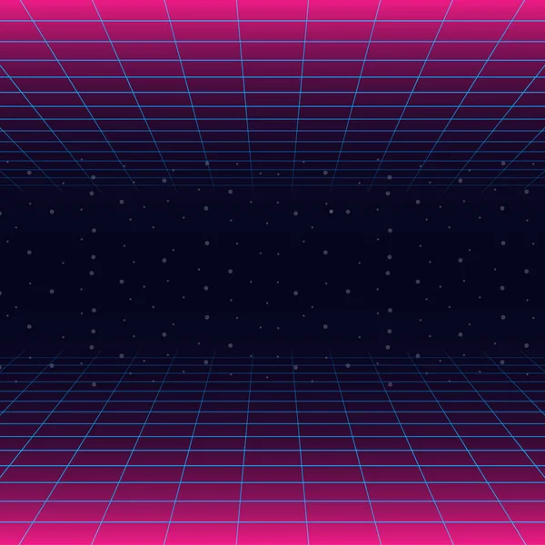 Φουτουριστικό τοπίο με στυλ Laser Grid. Νέον Ρέτρογουέιβ. Εικονογράφηση διανύσματος. — Διανυσματικό Αρχείο
