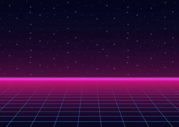 Styled Laser Grid 'li fütüristik manzara. Neon Retrowave. Vektör stok illüstrasyonu.