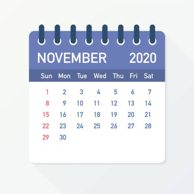 Kasım 2020 Takvim Yaprağı. Takvim 2020 düz tarzda. Vektör çizimi.