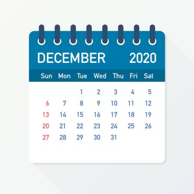 Aralık 2020 Takvim Yaprağı. Takvim 2020 düz tarzda. A5 boyutunda. Vektör çizimi.