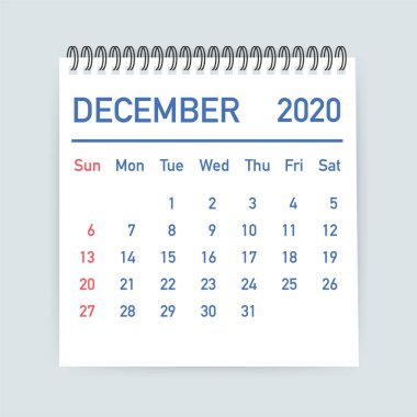 Aralık 2020 Takvim Yaprağı. Takvim 2020 düz tarzda. A5 boyutunda. Vektör çizimi.