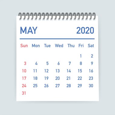 Mayıs 2020 Takvim Yaprağı. Takvim 2020 düz tarzda. Vektör çizimi.