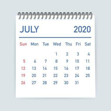 Temmuz 2020 Takvim Yaprağı. Takvim 2020 düz tarzda. Vektör çizimi.