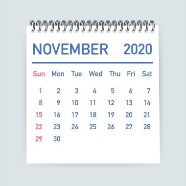 Kasım 2020 Takvim Yaprağı. Takvim 2020 düz tarzda. Vektör çizimi.