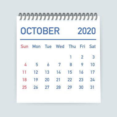 Ekim 2020 Takvim Yaprağı. Takvim 2020 düz tarzda. Vektör çizimi.
