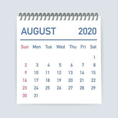 Ağustos 2020 Takvim Yaprağı. Takvim 2020 düz tarzda. Vektör çizimi.
