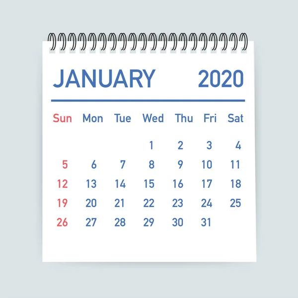 Styczeń 2020 kalendarz liść. Kalendarz 2020 w stylu płaskim. Ilustracja wektorowa. — Wektor stockowy