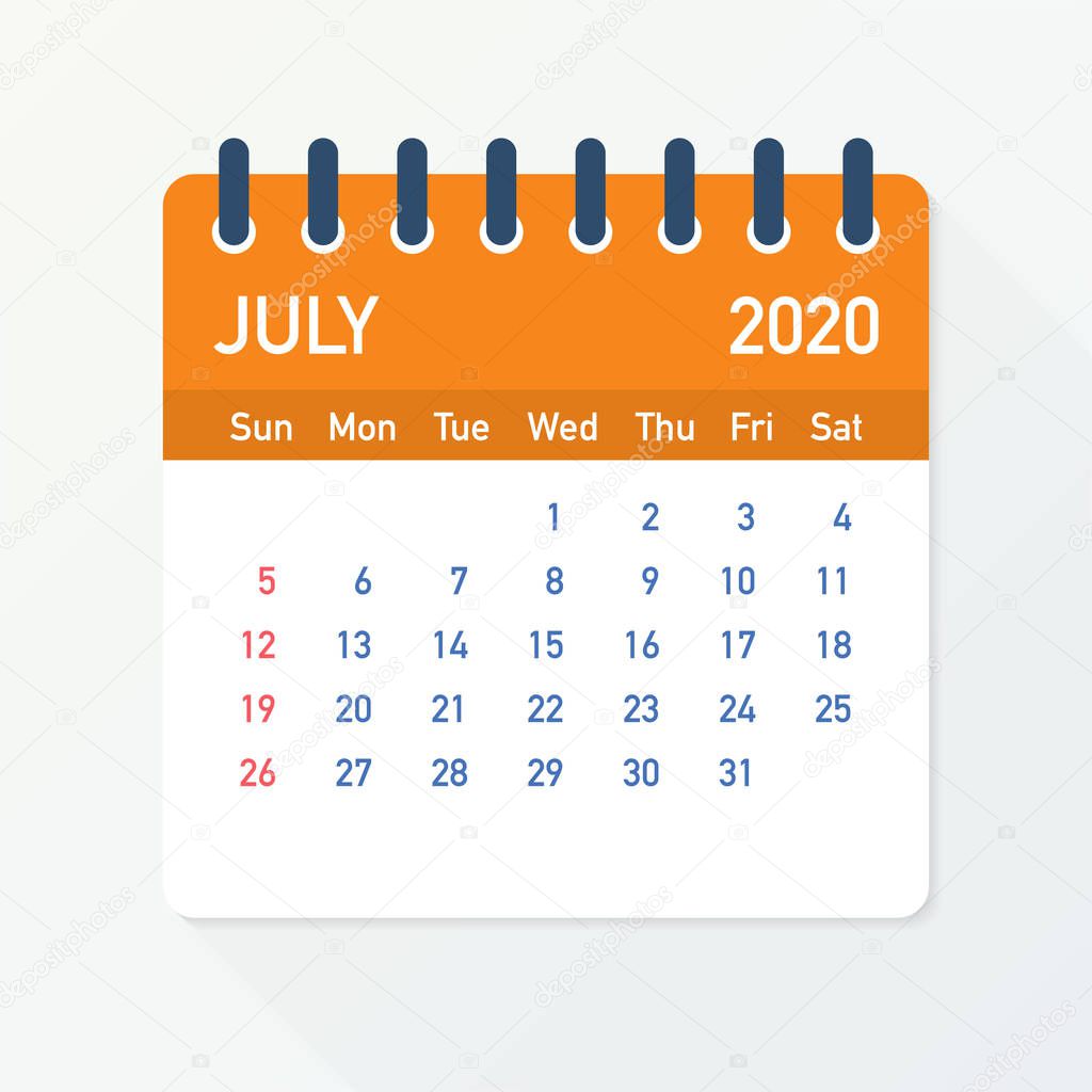 July 2020 Calendar Leaf. Calendar 2020 in flat style. Vector illustration.