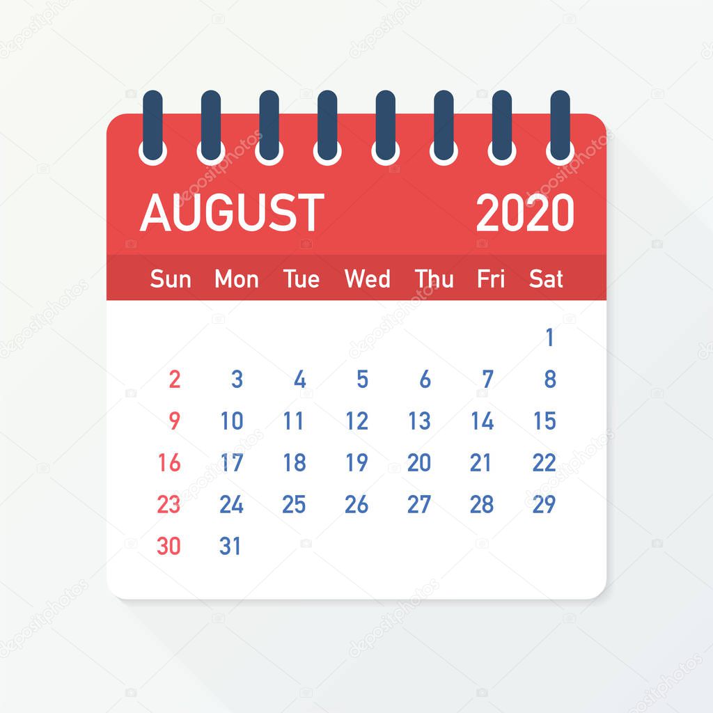 August 2020 Calendar Leaf. Calendar 2020 in flat style. Vector illustration.