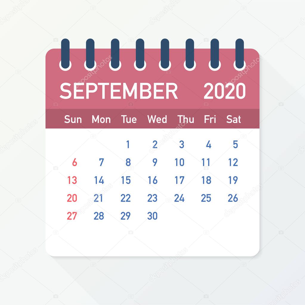 September 2020 Calendar Leaf. Calendar 2020 in flat style. Vector illustration.