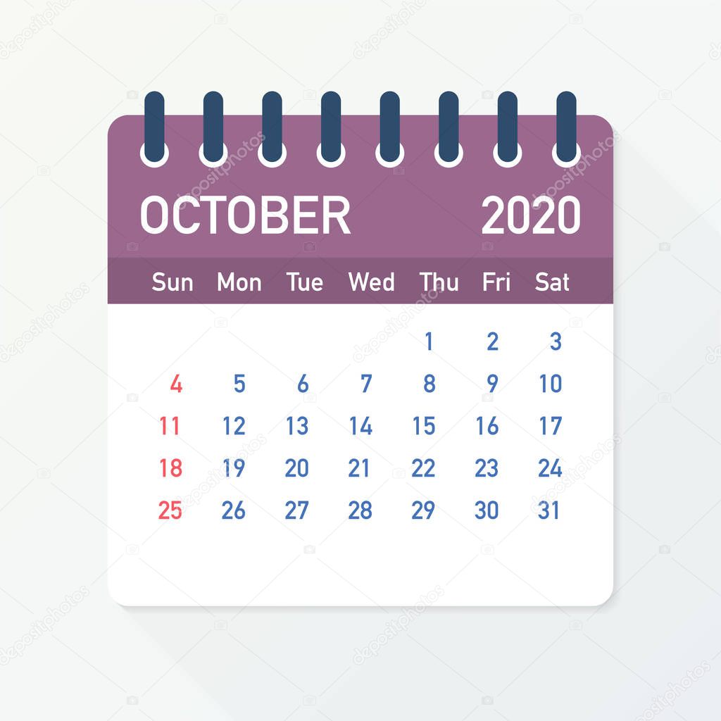 October 2020 Calendar Leaf. Calendar 2020 in flat style. Vector illustration.