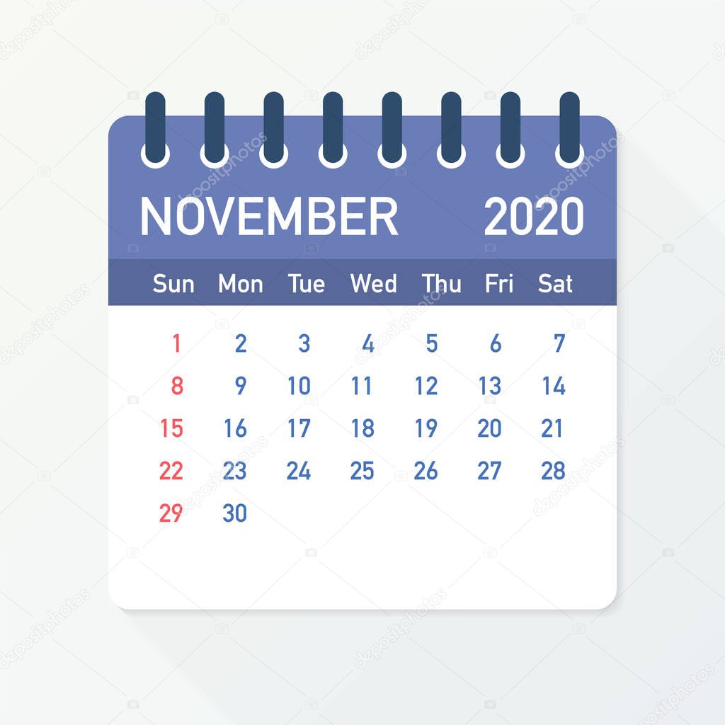 November 2020 Calendar Leaf. Calendar 2020 in flat style. Vector illustration.