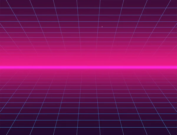 Lansekap Futuristik Dengan Kisi Laser Bergaya. Neon Retrowave. Ilustrasi vektor . - Stok Vektor