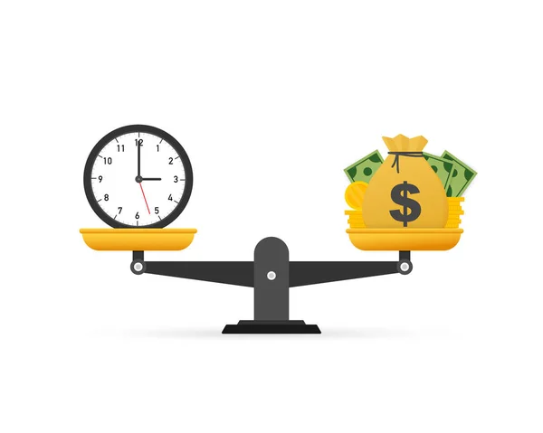 Tid är pengar på skalor ikon. Pengar och tids balans på skalan. Vektor illustration. — Stock vektor