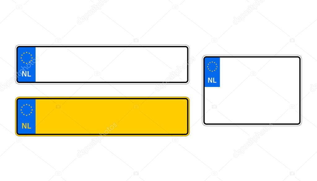 Vehicle registration plates of Netherlands. EU country identifier. blue band on license plates. Vector illustration.