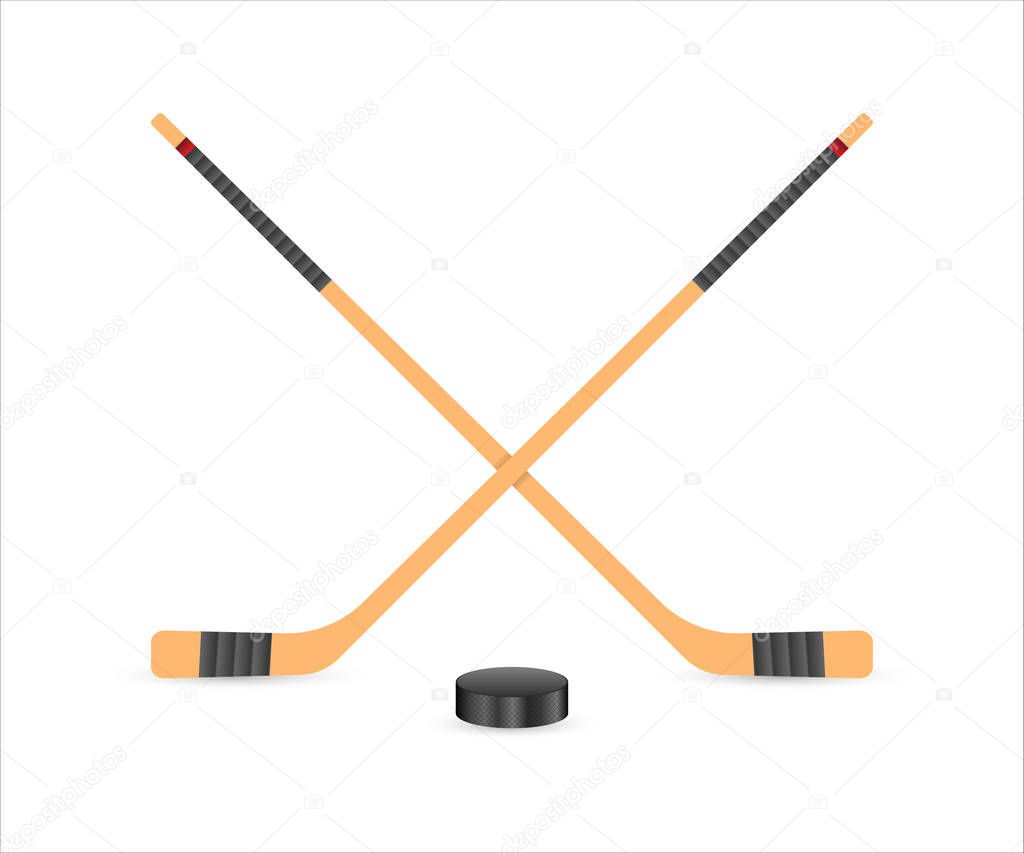Ice Hockey puck and sticks. Sport symbol. Vector Illustration isolated on white background.