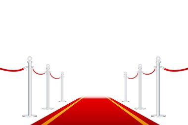 Altın stanchions üzerinde kırmızı halatlar ile kırmızı halı. Özel etkinlik, film galası, gala, tören, ödül konsepti. Vektör çizimi.