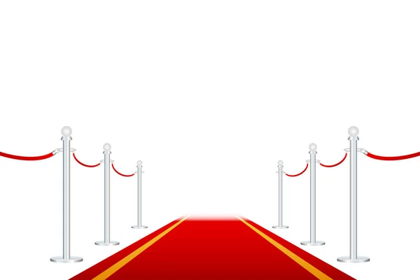 Tappeto rosso con corde rosse su montanti dorati. Evento esclusivo, premiere, gala, cerimonia, premiazione. Illustrazione vettoriale . — Vettoriale Stock