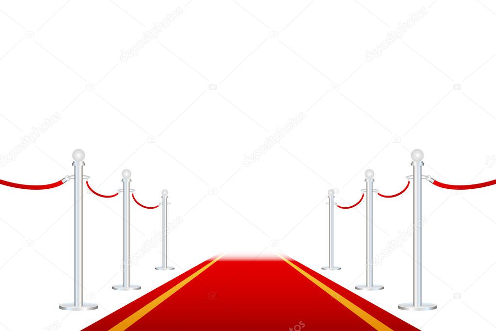 Red carpet with red ropes on golden stanchions. Exclusive event, movie premiere, gala, ceremony, awards concept. Vector stock illustration.