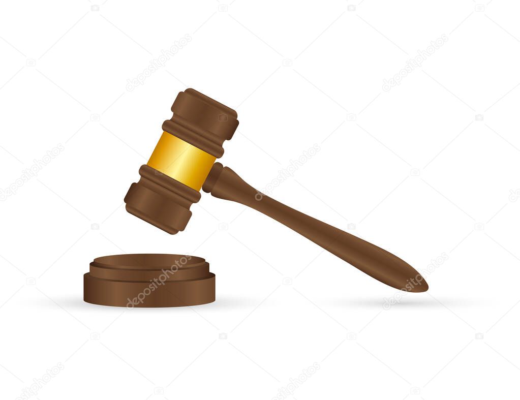 wooden judge gavel and soundboard isolated on white background.