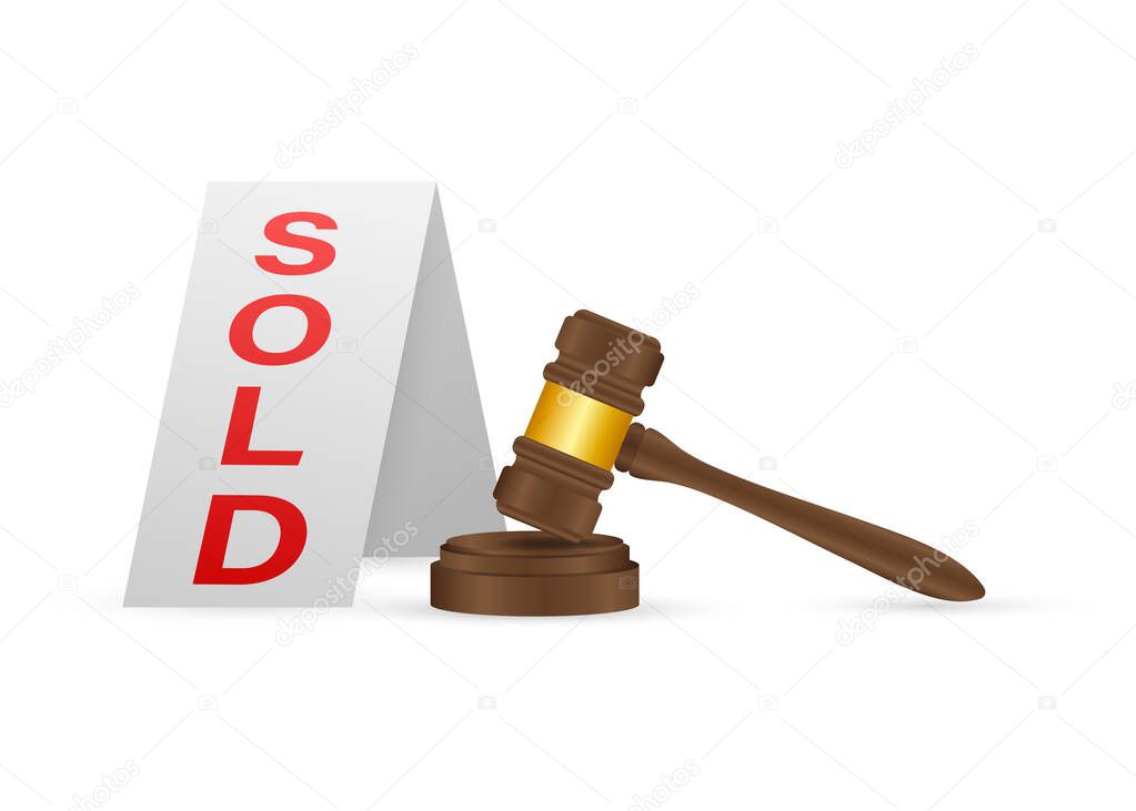 Auction hammer icon in cartoon style isolated on white background. E-commerce symbol stock vector illustration
