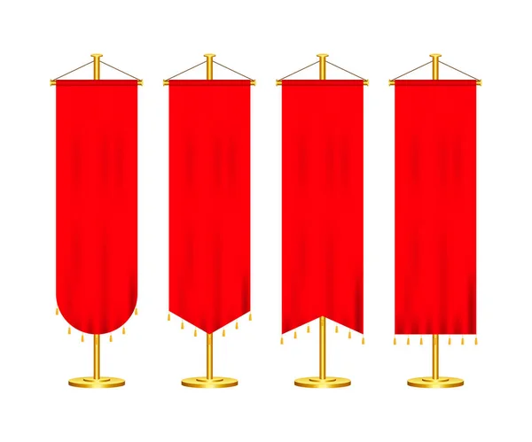 Señal rojo largo deporte publicidad banderas banderas muestras en soporte poste pedestal realista conjunto. Ilustración vectorial . — Archivo Imágenes Vectoriales