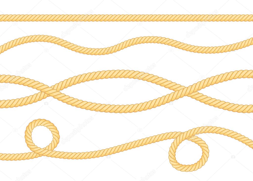 Set of different thickness ropes isolated on white. Vector illustration.